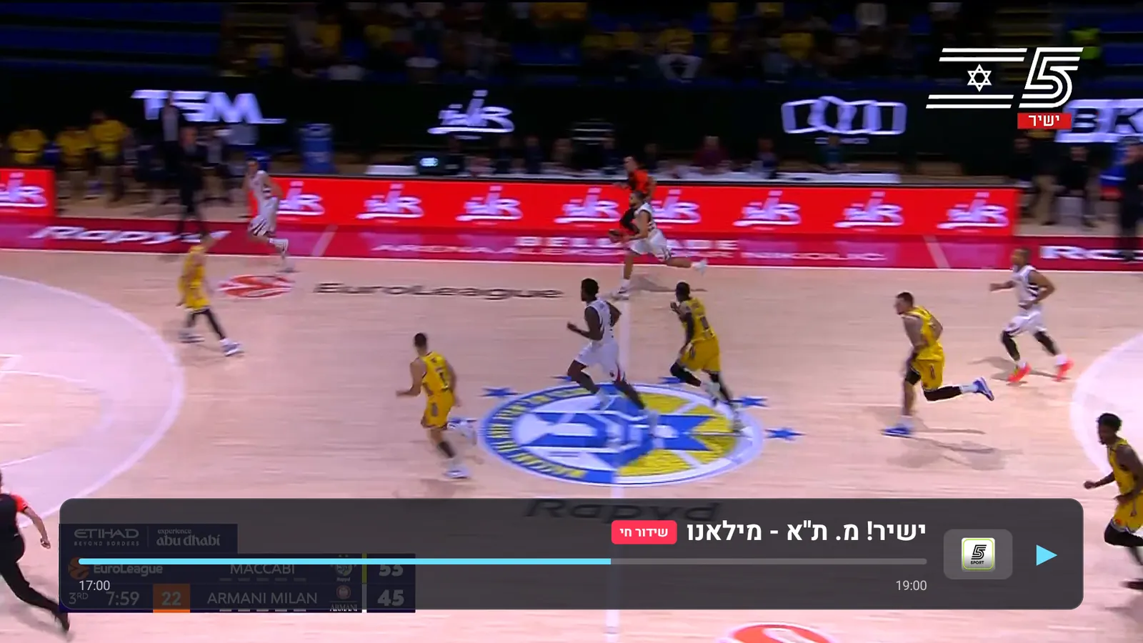 משחק כדורסל בשידור חי עם פס השליטה של IL TV